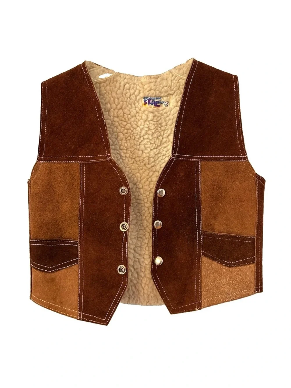 Vintage 70s Kids Suede Leather Sherpa Vest Western Patchwork Mexico Sz 18 M/L